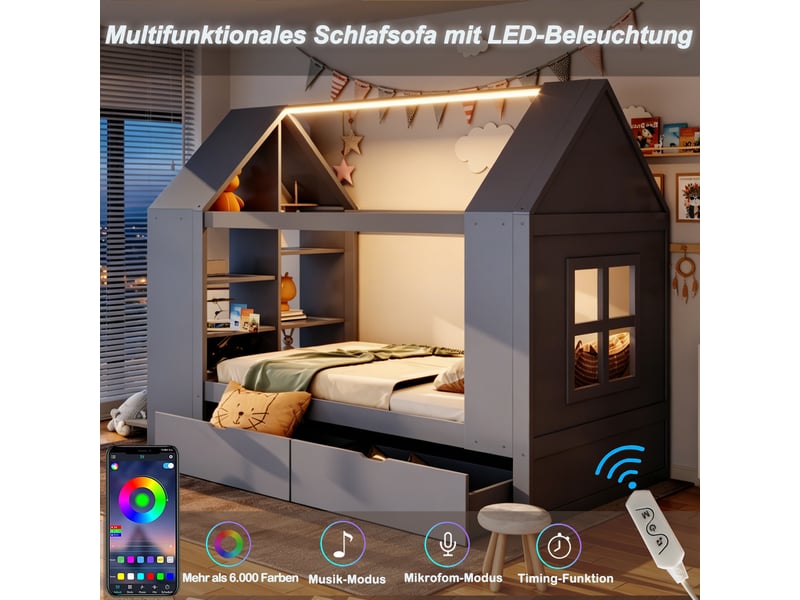 Lit cabane enfant 90x200 cm - 2 tiroirs et rangement - LED - lit multifonction en bois - Lit simple - Gris  - Conforama D