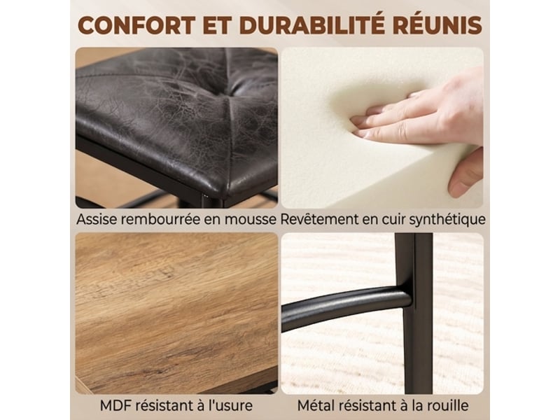  Ensemble table et 4 sièges de salle à manger industriel, table avec 2 chaises et banc, marron et noir  - Conforama D