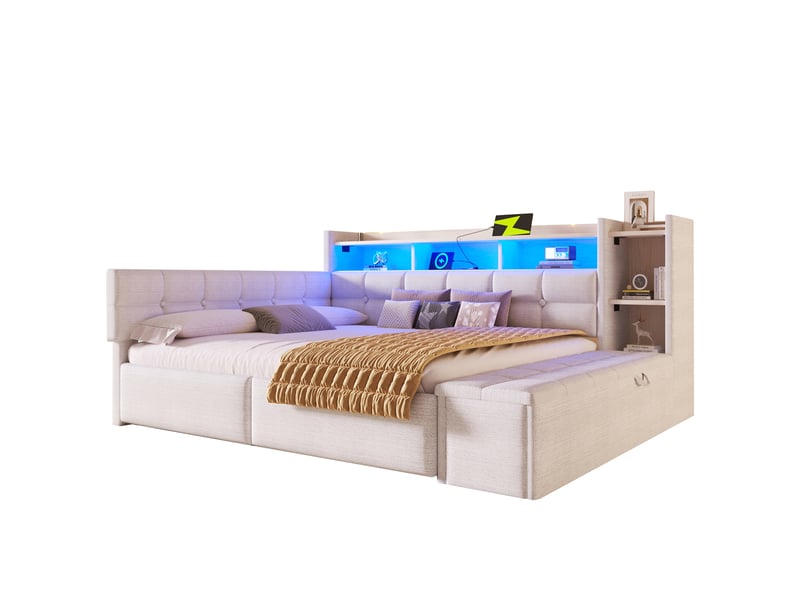  Lit banquette rembourré 140x190 cm, 2 tiroirs, banc coffre au pied, étagère intégrée, led multicolore, usb et usb-c, velours - blanc  - Conforama A