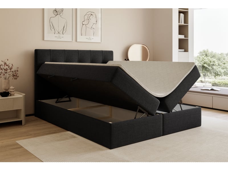 Lit coffre venus - 200x200 cm - avec matelas et surmatelas - tissu tressé - noir VENUS - Conforama C