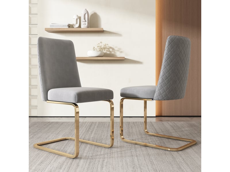  Chaises de salle à manger lot de 2 avec dossier losangé  - pieds en métal pour salon, velours gris  - Conforama B