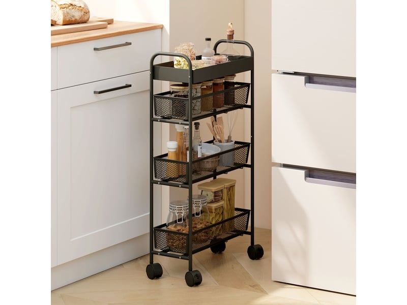  Chariot de rangement à 4 niveaux, desserte à roulettes, panier supérieur 19 x 43,2 x 80 cm noir, 3 paniers coulissants  - Conforama D