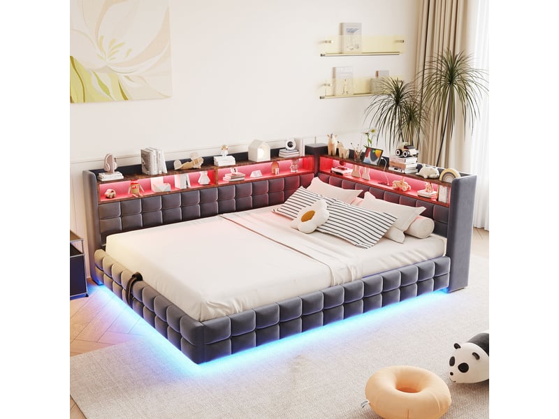  Lit coffre hydraulique 140x200 cm avec étagères, led et prises usb-c, velours gris foncé, sans matelas  - Conforama R