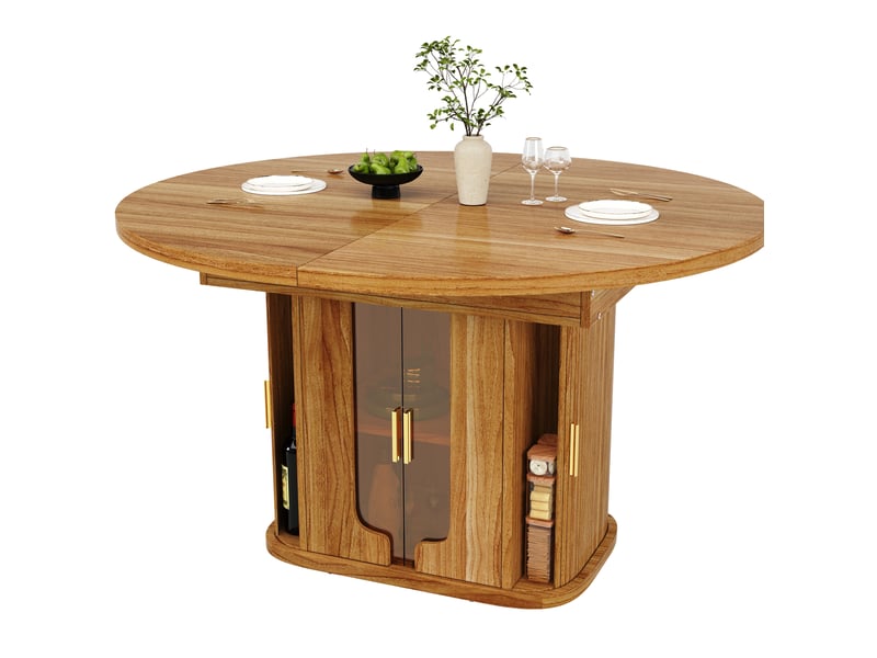 Table à manger extensible ronde à ovale 118-158 cm, mdf bois foncé, rangement central, jusqu'à 6 personnes - Conforama A