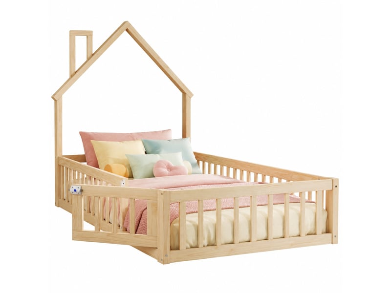  Lit enfant cabane 90 x 200 cm avec cheminée, bois de pin et mdf naturel  - Conforama A