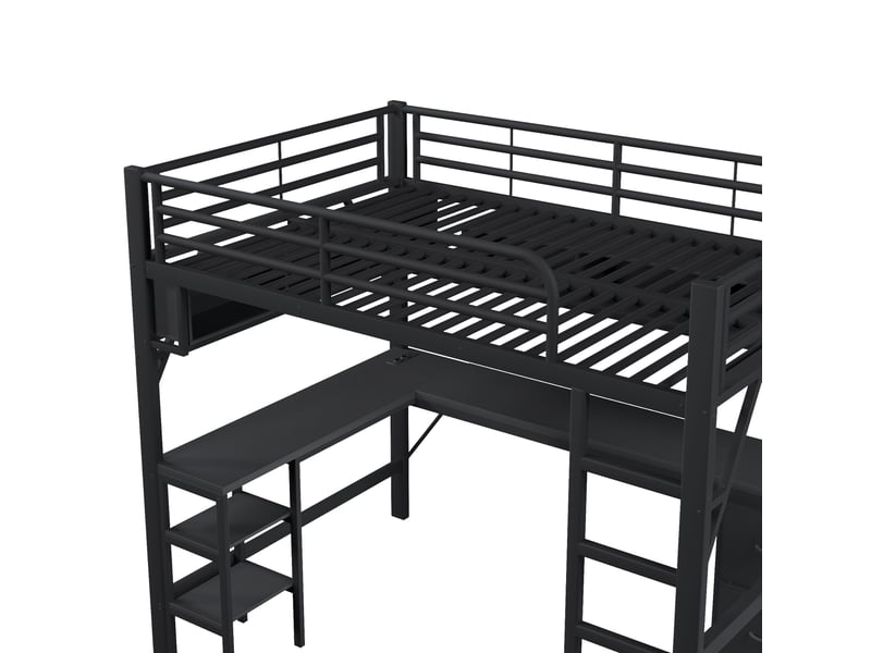 Lit mezzanine gaming 140x200 cm noir, avec bureau, rangements, étagères, placard, led, usb, structure métal, sommier inclus, sans matelas - Conforama D