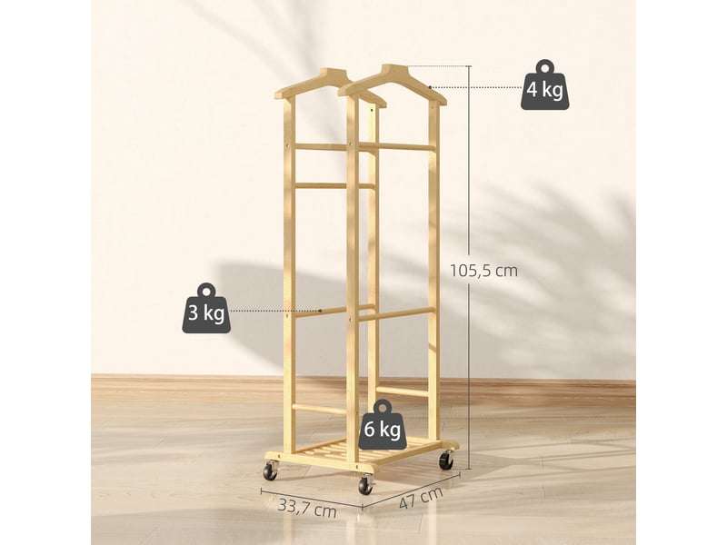  Portant à vêtements sur roulettes, porte-manteaux en bambou, double cintre intégré, 47 x 33,7 x 105,5 cm, bois naturel  - Conforama D