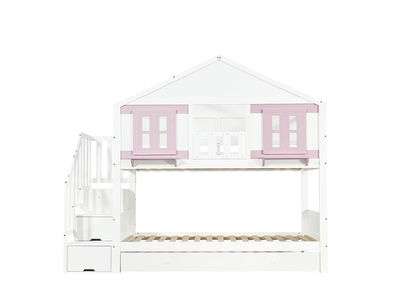 Lit superposé pour enfants 90 x 200 cm, avec penderie, fenêtre et toit, blanc et rose - Conforama A