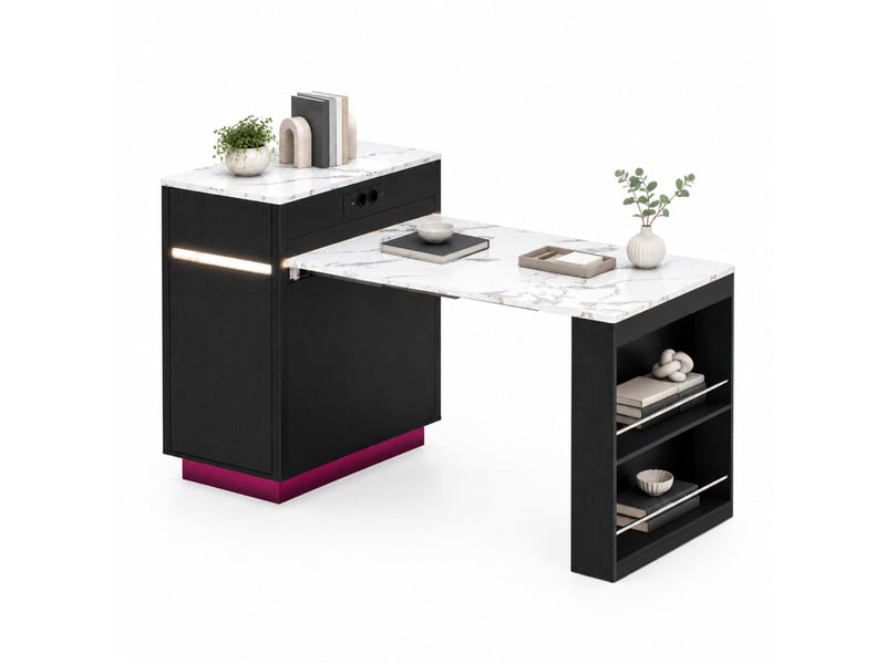  Îlot de cuisine extensible 94x80.5x153.5 cm, crochets et roulettes, prises, led, panneau mdf noir  - Conforama A