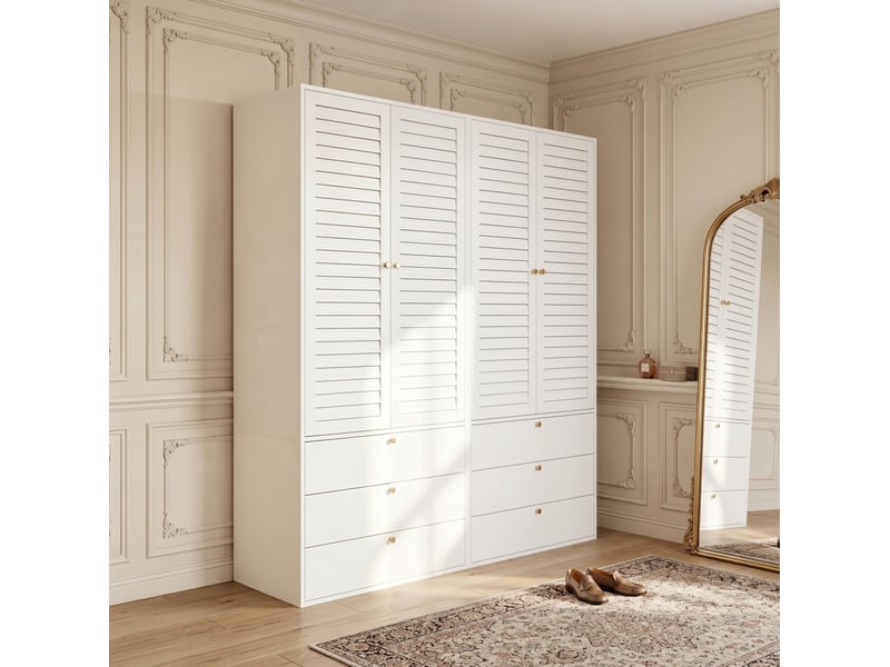  Armoire 4 portes 180 x 50 x 200 cm, 6 tiroirs et 2 tringles, blanche  - Conforama D