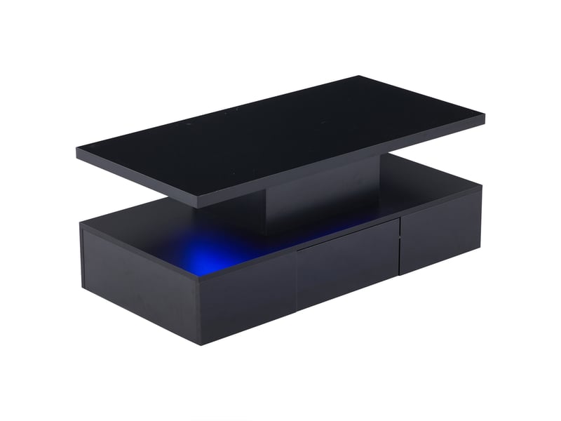  Table basse à deux niveaux pour le salon avec éclairage led 16 couleurs, table de salon laquée brillante, console avec étagère ouverte et un tiroir coulissant, petite table d'appoint rectangulaire, noire  - Conforama D