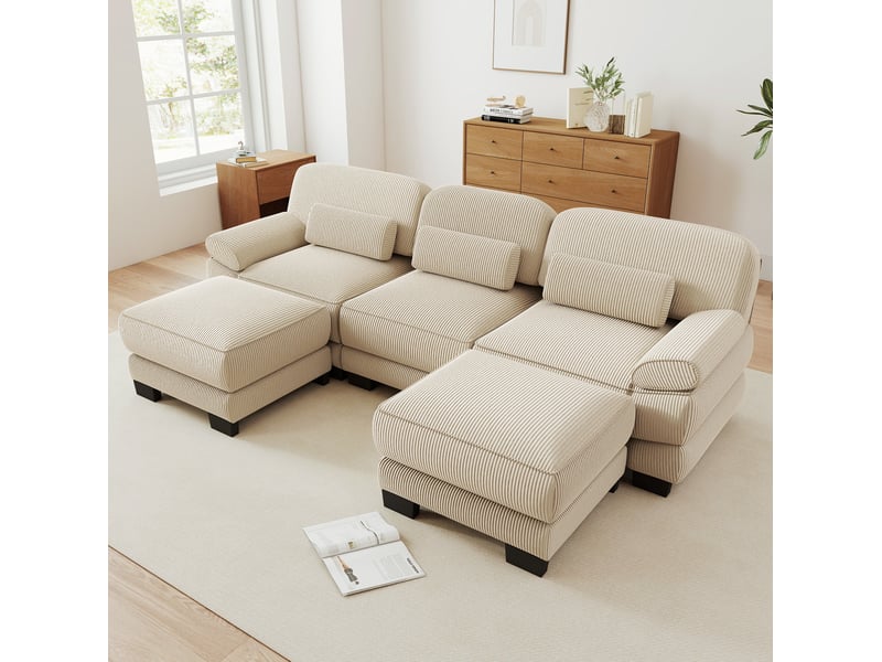  Canapé modulable modenvie 3 places en u avec 2 poufs, velours côtelé beige, 265 x 161 x 94 cm  - Conforama B