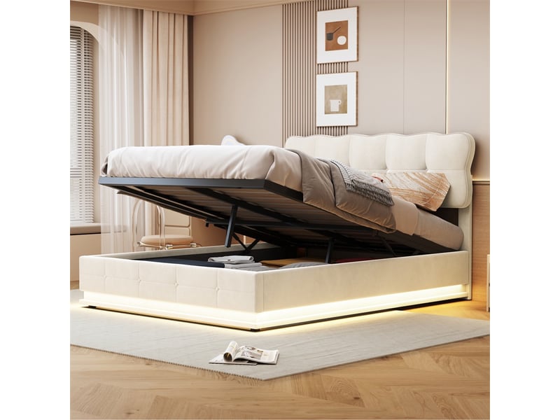 Lit 160x200cm - lit coffre 160x200cm - tête de lit de rangement led et sommier relevable - velours beige  - Conforama C