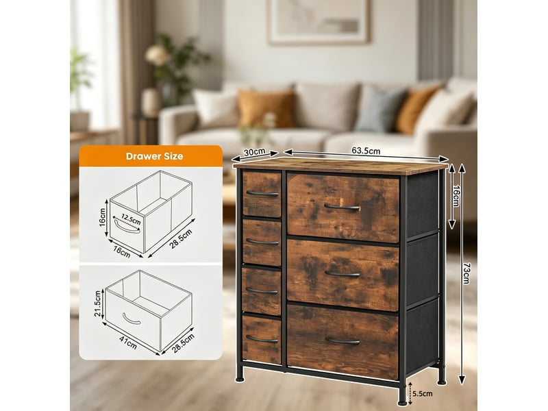 Meuble de rangement à 7 tiroirs l63.5xb30xh73 cm en bois d’ingénierie, métal et tissu brun rustique et noir chicfurn - Conforama D