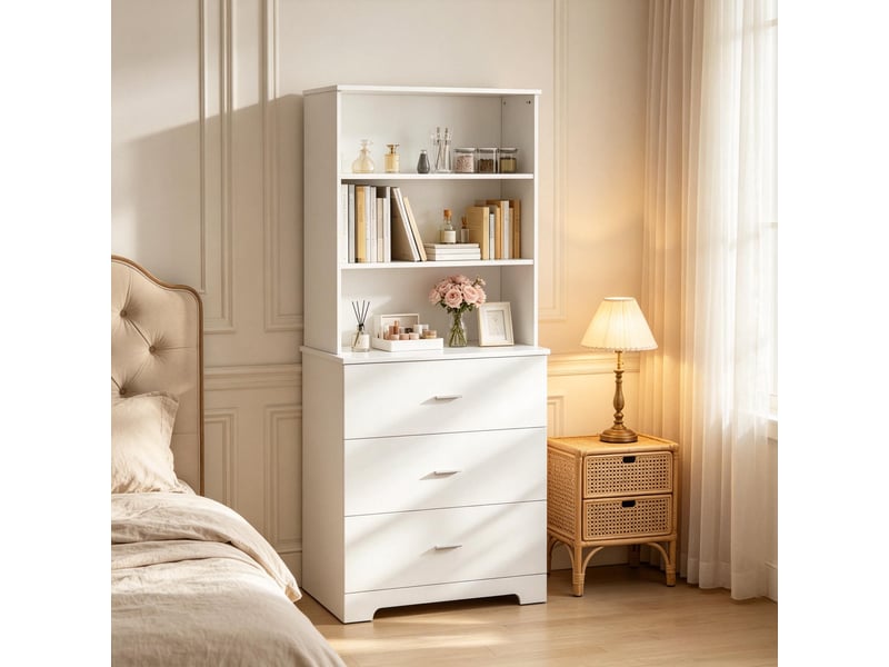  Bibliothèque avec 3 tiroirs et 3 niches ouvertes, base arrondie, pour salon et bureau, en panneau de particules, blanc  - Conforama C