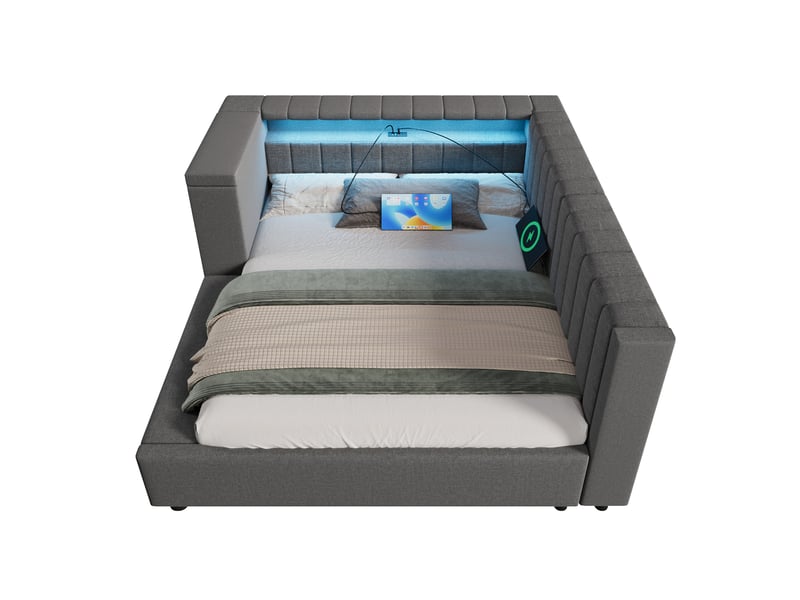  Lit coffre 140x200 cm avec tête de lit réversible, lit gigogne avec 4 niches de rangement, led par appli, usb et type-c, lin, gris Morn Vibe - Conforama A