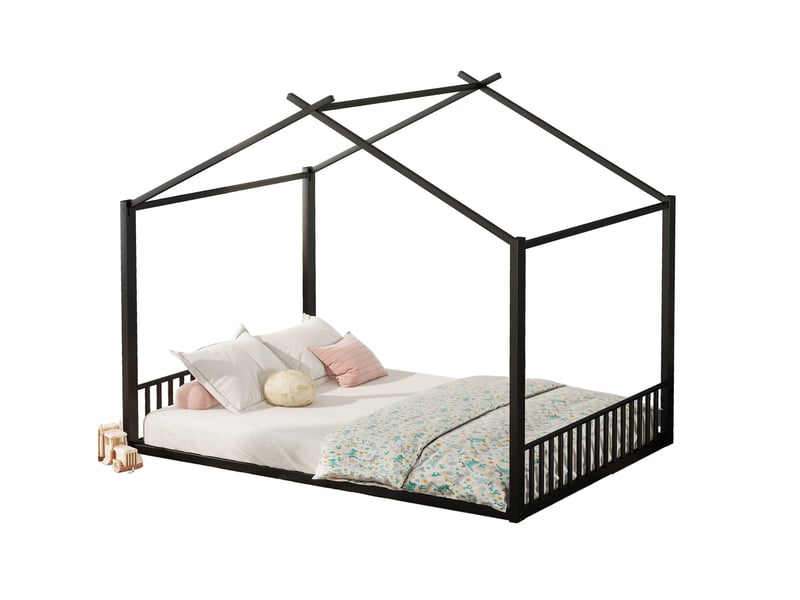  Lit enfant 140x200 cm en forme de maison, structure stable en métal noir, design simple sans matelas  - Conforama A