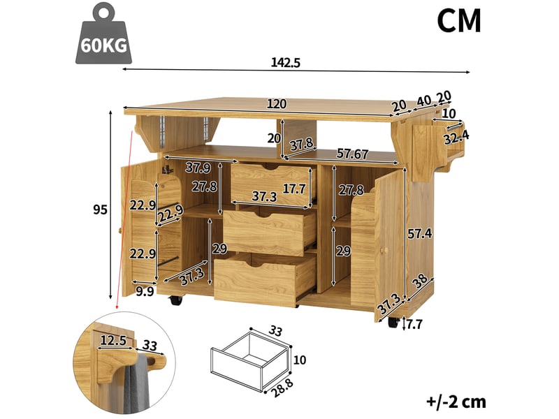  Desserte de cuisine 142,5 x 80 x 95 cm marron naturel mdf, plateaux rabattables et roulettes freinées  - Conforama C