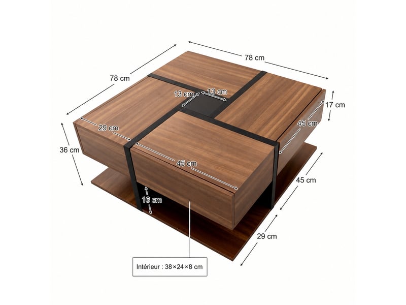  Table basse carrée noire et effet bois avec 4 tiroirs et étagère inférieure, 78 x 78 x 36 cm  - Conforama C