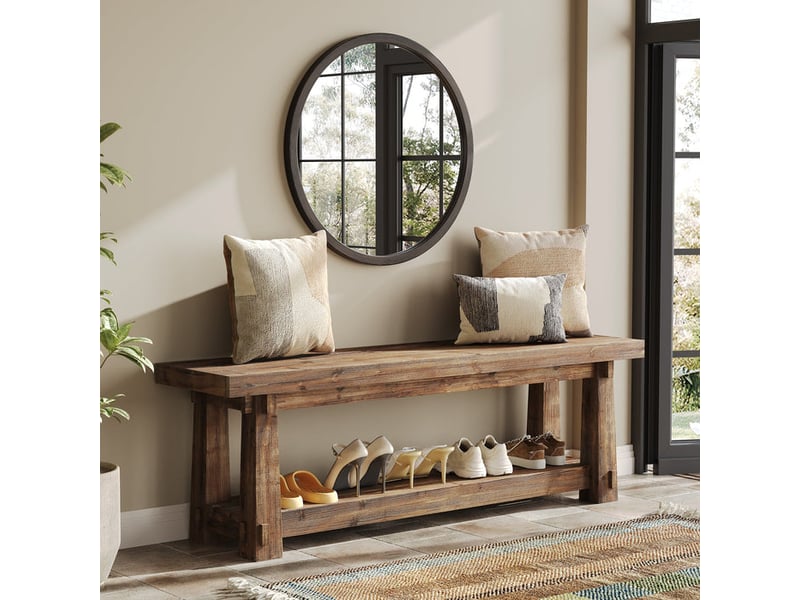  Tribesigns banc d'entrée en bois massif avec rangement à chaussures, banc d'entrée rustique en bois brûlé avec étagère ouverte pour couloir, vestiaire, chambre à coucher, assemblage facile  - Conforama B