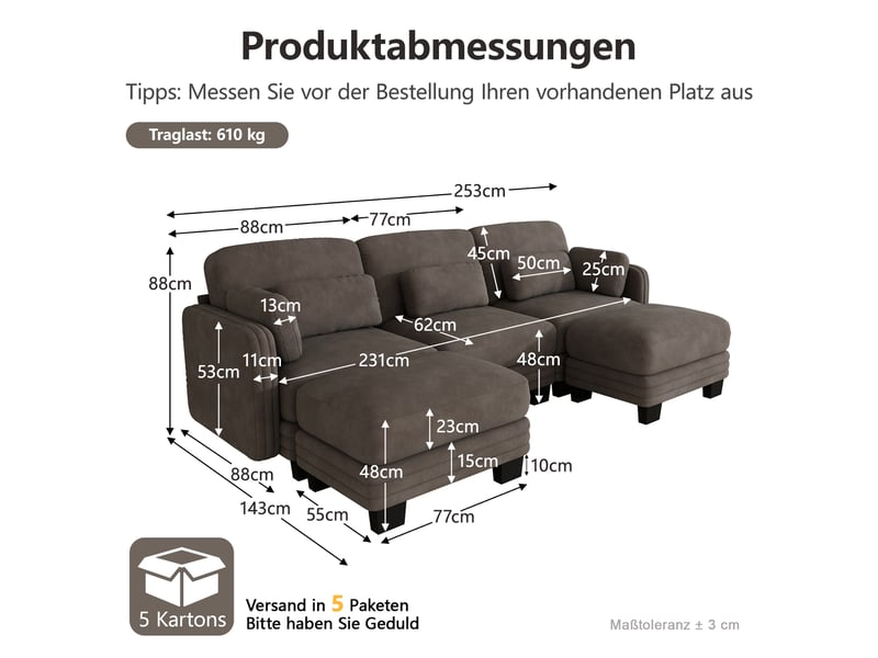 Canapé modulaire en u 3 places 253x143x88 cm, 2 poufs, design ergonomique, style moderne minimaliste chenille marron - Conforama C