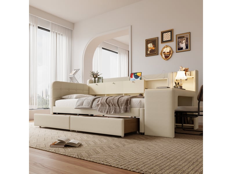  Lit avec rangement rembourré 90x200cm coloris beige lin lit enfant beige - Conforama E