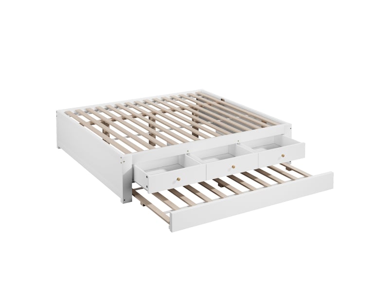  Lit double 140x200 cm avec 3 tiroirs et lit d’appoint coulissant blanc, sans matelas ni tête de lit  - Conforama D