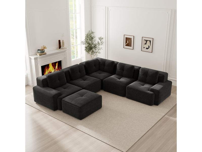  Canapé d'angle modulable sans cadre 5 places 295x295x69 cm avec pouf, assise profonde 74 cm, base antidérapante, velours côtelé noir Radiant Stride - Conforama B
