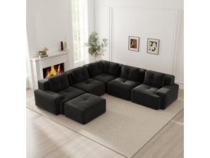 Canapé d'angle modulable sans cadre 5 places 295x295x69 cm avec pouf, assise profonde 74 cm, base antidérapante, velours côtelé noir