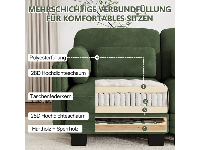 Canapé d'angle modulable - 4 places - forme l - 1 ottoman - coussins d'accoudoirs - tissu chenille - mobilier de salon - vert CozyNest - Conforama E