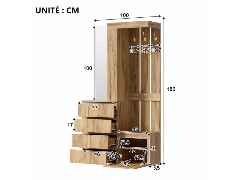 Vestiaire d’entrée avec miroir, 4 tiroirs, 1 porte, naturel, 100 x 35 x 180 cm - Conforama C