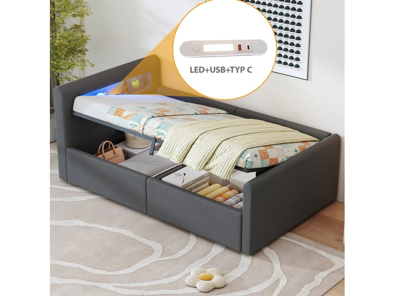  Lit enfant 90 x 200 cm avec led, usb, rangement hydraulique, velours gris foncé  - Conforama E