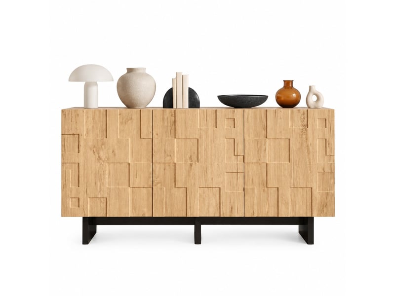  Buffet et enfilade avec 3 portes, 5 niches, charnières amorties et ouverture par pression, pour cuisine en mdf 140×40×70 cm naturel  - Conforama A
