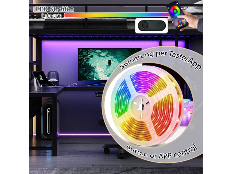  Lit mezzanine gaming 120x200 cm en métal noir avec bureau en u, escalier de rangement, led et prise électrique, sans matelas  - Conforama E
