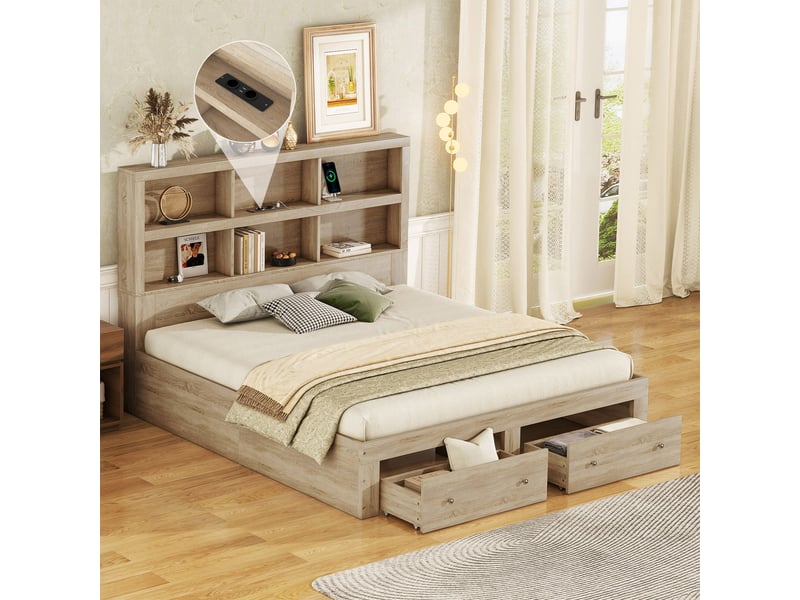  Lit double 160*200cm en panneau de particules, deux tiroirs au pied, tête de lit avec rangement, naturel  - Conforama E