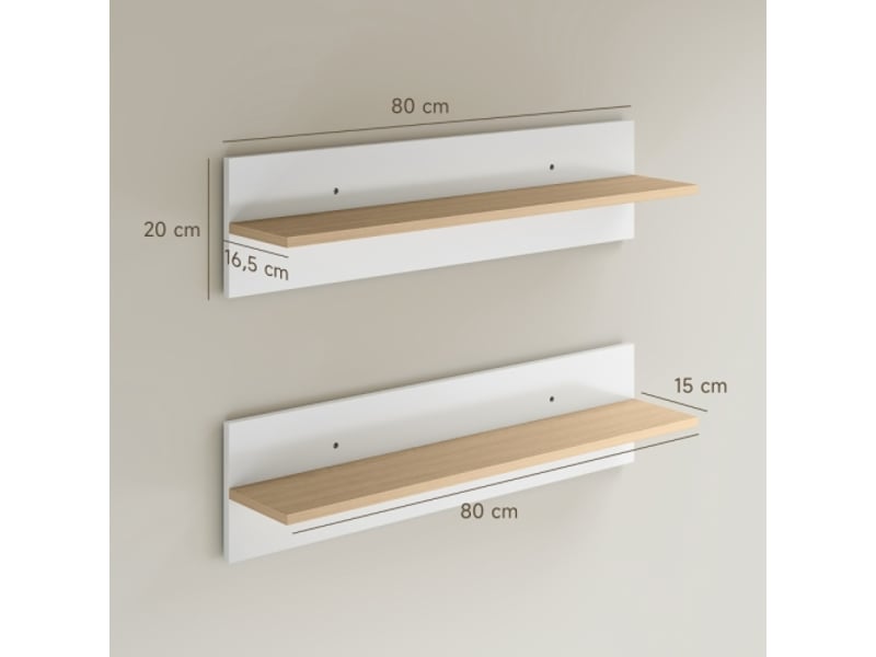  Lot de 2 étagères murales blanches et bois naturel, flottantes, pour cuisine et salon  - Conforama C