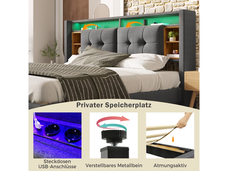  Lit double rembourré 160*200cm avec tête rangeante, usb, led, sommier bois, gris, sans matelas  - Conforama D