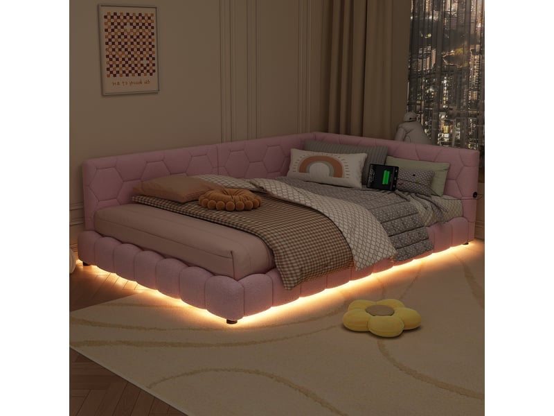  Canapé-lit 140x200cm, lit double avec led, tête de lit, dossier et sommier, charge, lit enfant et adulte, velours rose, sans mtelas  - Conforama D