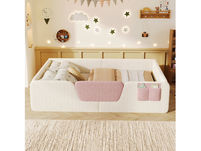  Lit enfant 140x190 cm avec barrières amovibles et poche de rangement mdf beige sans matelas  - Conforama D