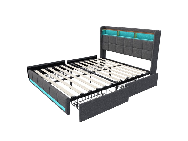  Lit adulte 140x190, 4 tiroirs, ports usbtype-c, lit double capitonné avec éclairage led, tête de lit avec rangement, tissu lin, gris  - Conforama A