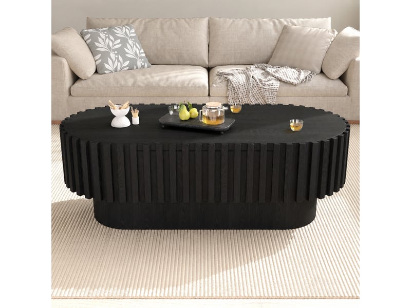  Table basse ovale noire avec tiroir, mdf à lattes verticales, 100 x 50 x 35,5 cm  - Conforama C