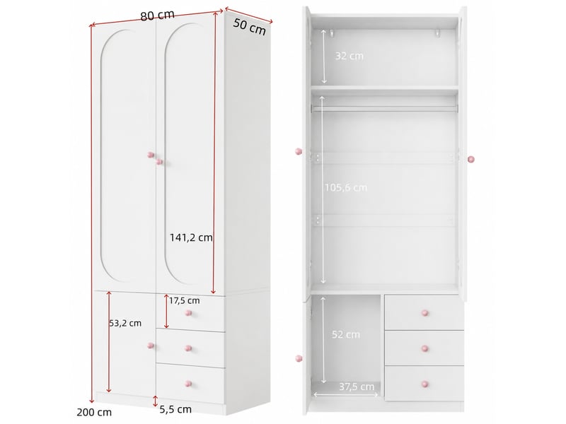  Armoire enfant 2 portes 80x50x200 cm – blanche – 3 tiroirs, penderie et dispositif anti-basculement  - Conforama C