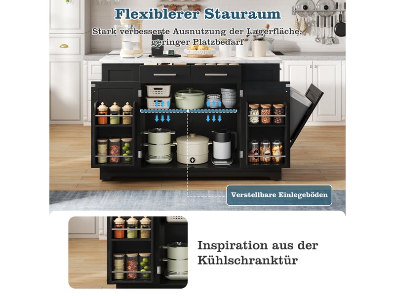  Îlot de cuisine mobile 138 × 86 × 92 cm noir, mdf, plateau effet marbre rabattable, prises eu, usb, type-c et bac coulissant  - Conforama C
