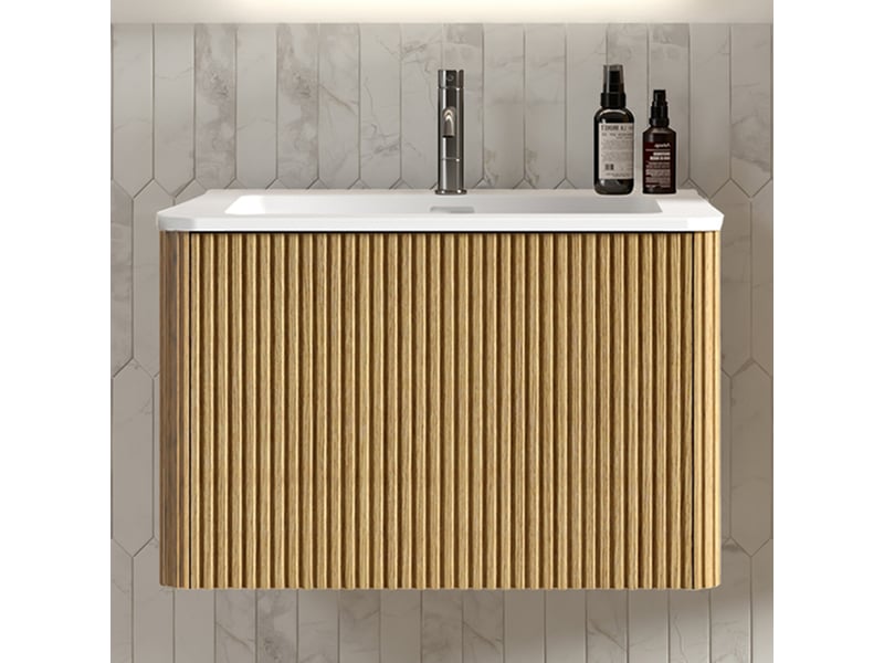 Meuble vasque suspendu 60 cm avec vasque en minéral coulé - façade rainurée pour petite salle de bain - Conforama R
