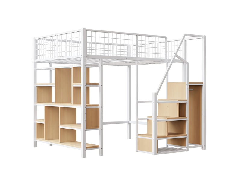 Lit mezzanine 140x200 cm – blanc – escalier de rangement, étagères, métal et mdf, gain de place - sans matelas - Conforama D