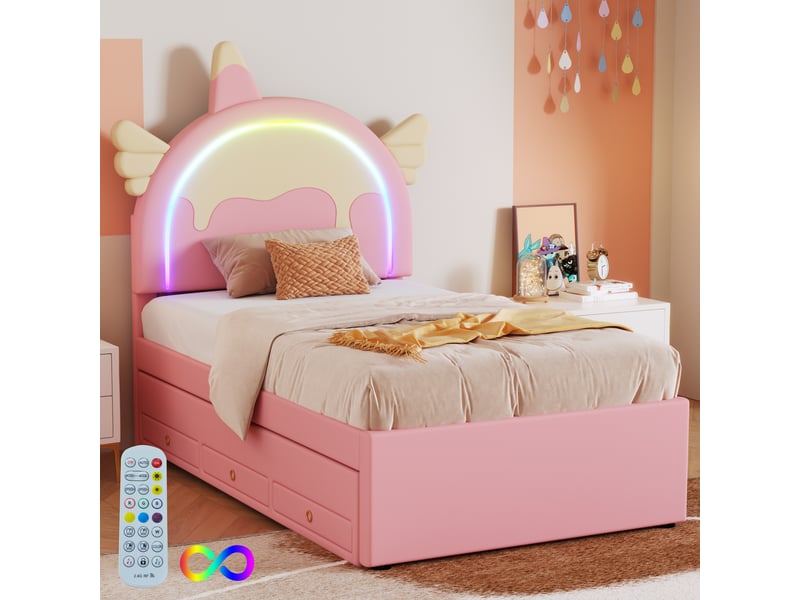  Lit gigogne 90x200 cm - lit enfant licorne avec lit gigogne - pu + mdf - sans matelas - rose  - Conforama E