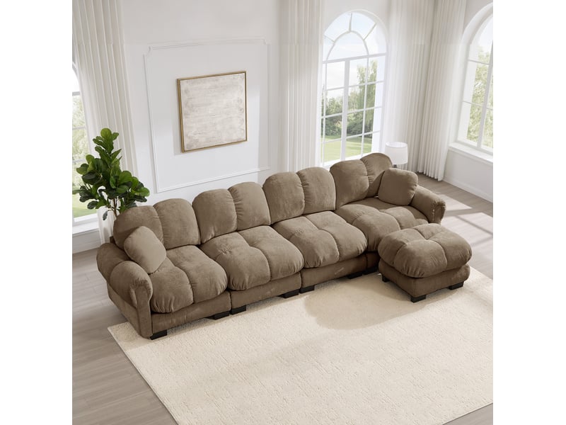  Canapé d'angle modulable 4 places modenvie avec repose-pieds mobile, tissu chenille marron, 330 x 149 x 90 cm  - Conforama E