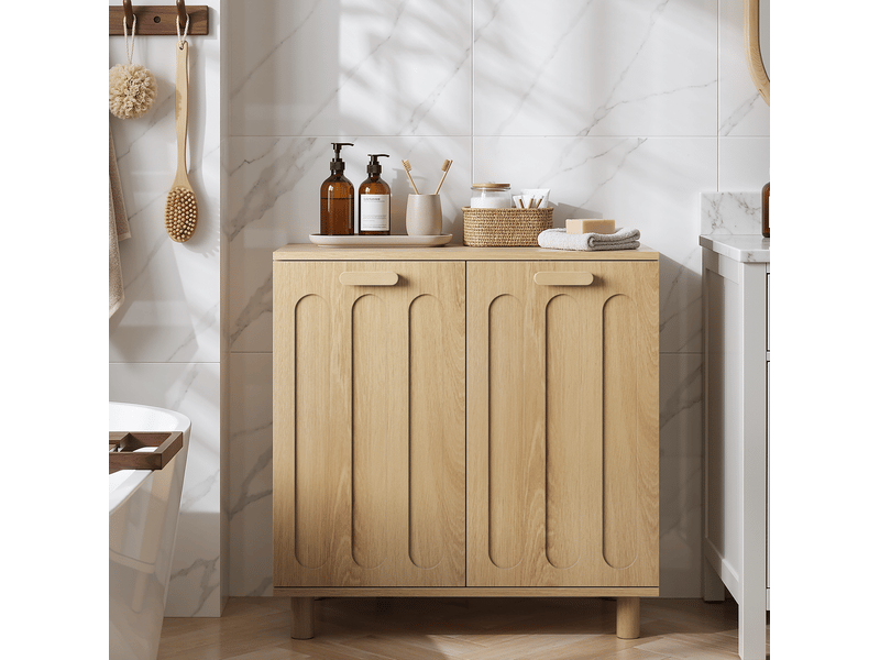 Meuble à linge 66 x 35 x 67 cm avec deux paniers basculants amovibles, mdf finition chêne - Conforama D