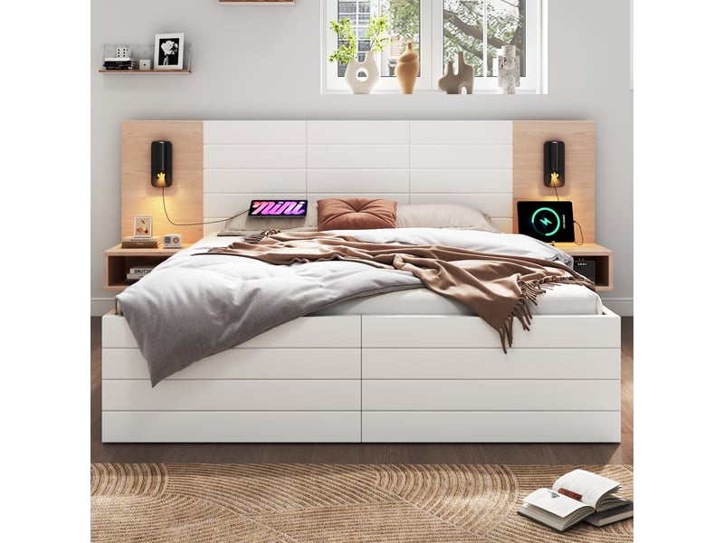 Lit double 180x200 cm avec rangement, 2 tiroirs et 2 chevets, tête de lit avec lampe de lecture USB, sommier à lattes effet bois et blanc - Sans matelas Fay Lum - Conforama E