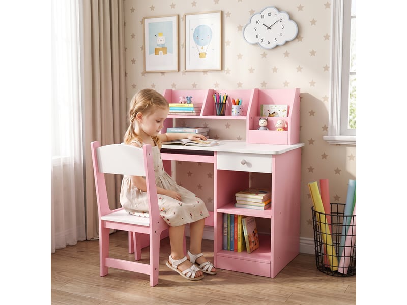  Bureau enfant avec chaise et rangements rose 90 x 45 x 90 cm  - Conforama C
